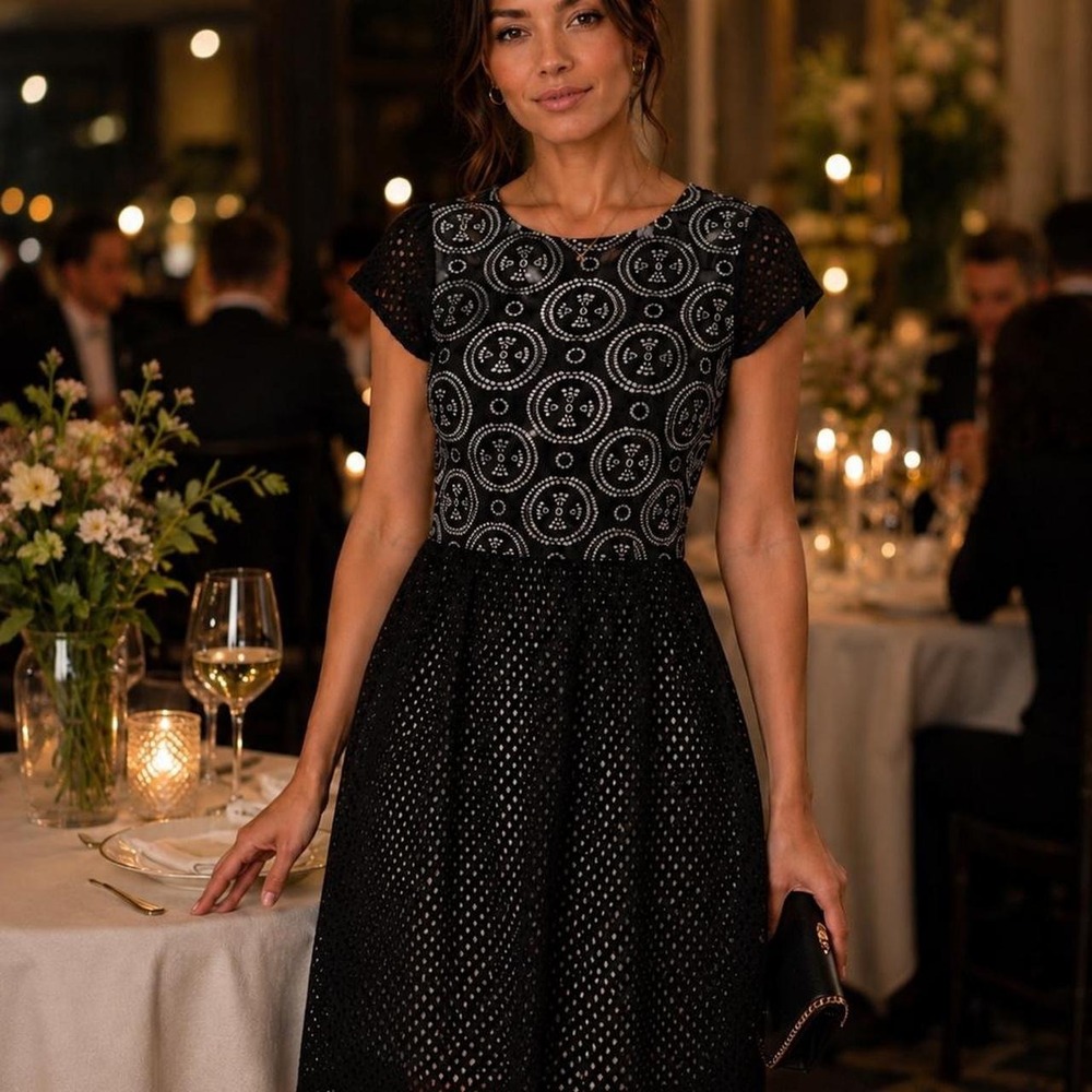 Carbonlite Black White Lace Eyelet‎ Mixed Media Fit Flare Dress Size L D50085-M